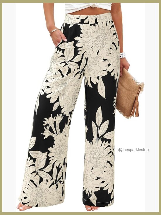Pants - Wide Leg Palazzo Pants with Pockets Elastic Waist Boho Printed Trousers